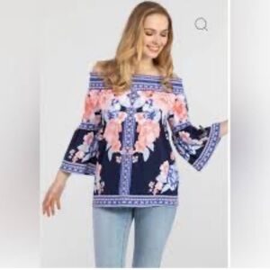 Jealous Tomato Small Women's Off Shoulder Boho Bell Sleeve Top Blue Floral EUC